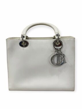 Vintage Christian Dior Lady Dior White Patent Leather Handbag Silver CD Charms